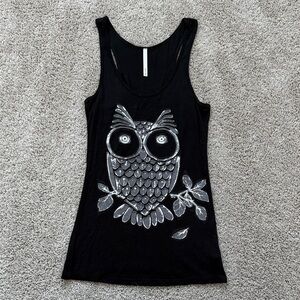 Jolie Black Tank Top with Silver Owl Design